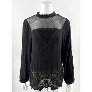 Taylor & Sage Top Size M Charcoal Gray Lace High Neck Boho Blouse Womens